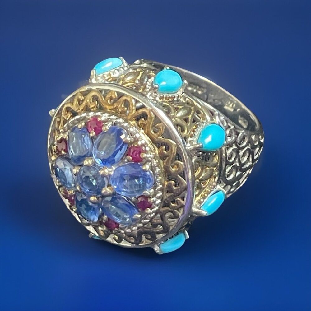 Signed STS 925 Sterling Silver Domed Ring Blue Red Gemstone & Glass Size 5.25
